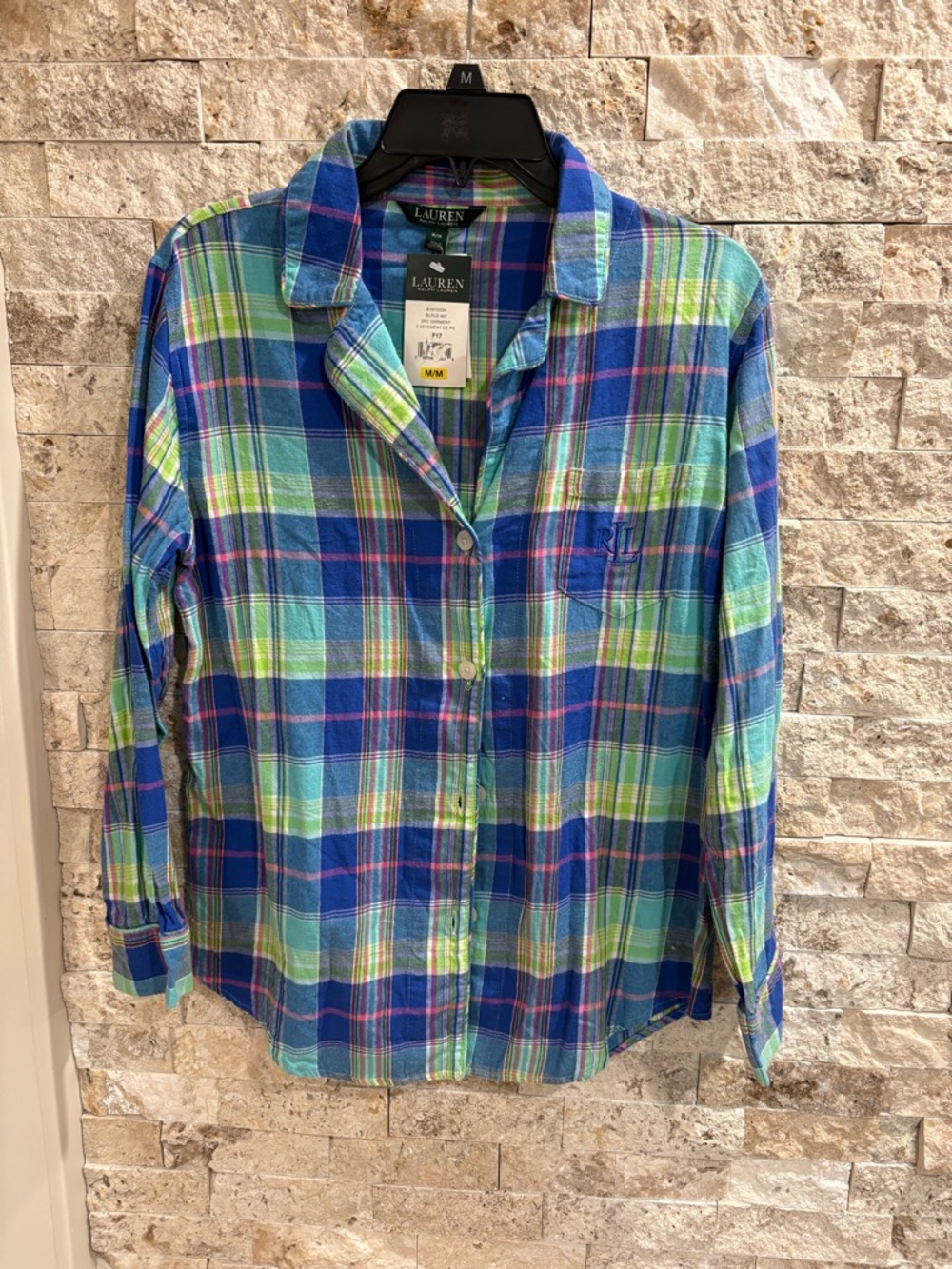 Ralph Lauren Blue & Green Plaid Button-Down pyjama top‎ size M 100 % cotton